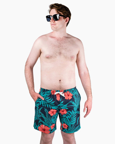 Men's Swim Beach Trunks - Green& Red Flower