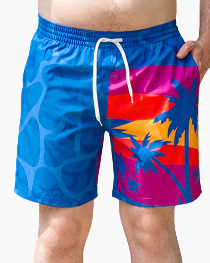 Men's Swim Beach Trunks - Blue&Coconut Tree