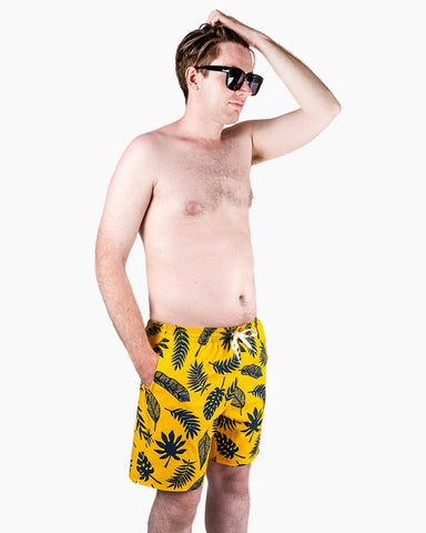 Men's Swim Beach Trunks - Yellow& Black Leaves