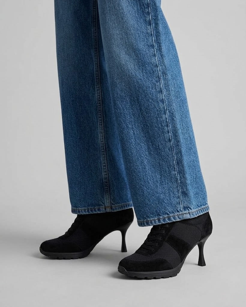 Suede and Mesh Lace-Up High-Heel Sneakers-Black