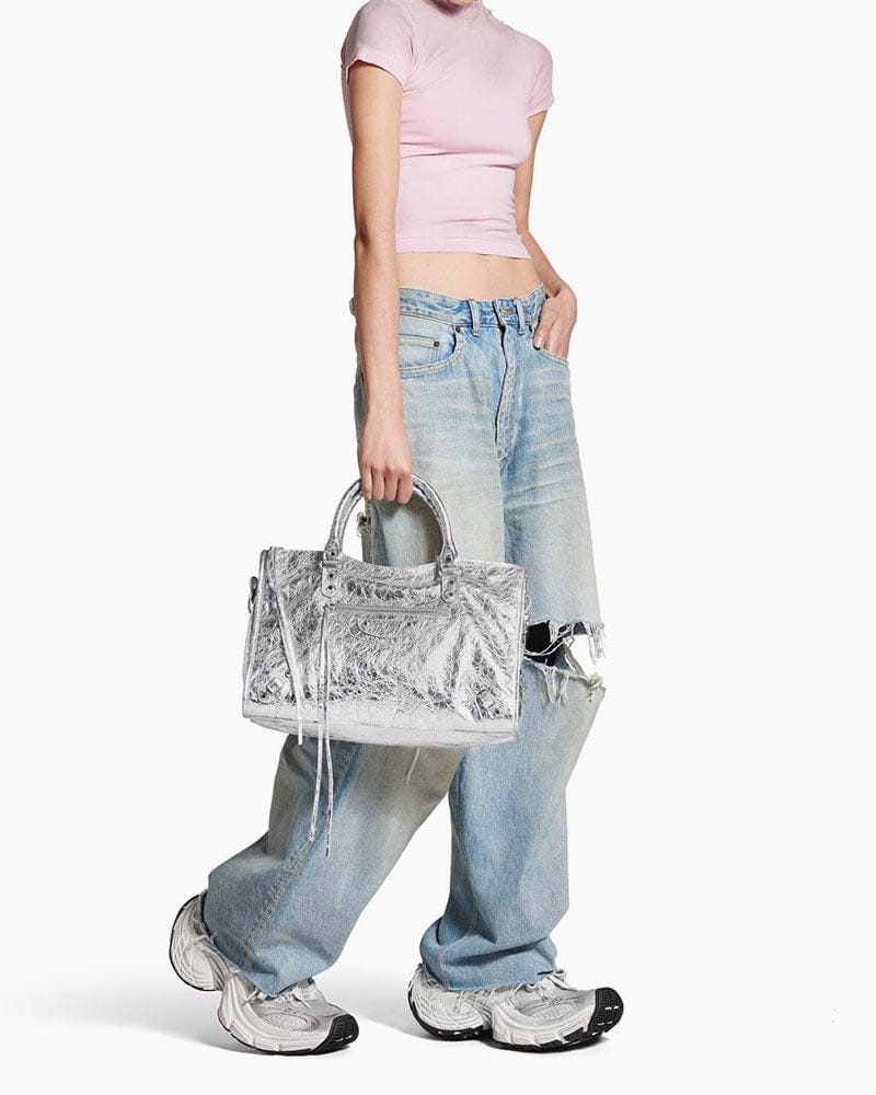 Vespera Metallized Lambskin Silver Tote Bag