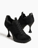 Suede Overlay Mesh Casual High-Heel Sneakers-Black