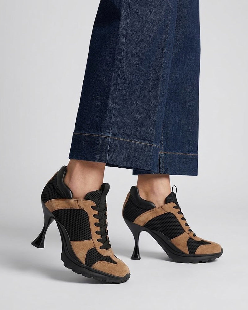 Suede Overlay Mesh Casual High-Heel Sneakers-Black