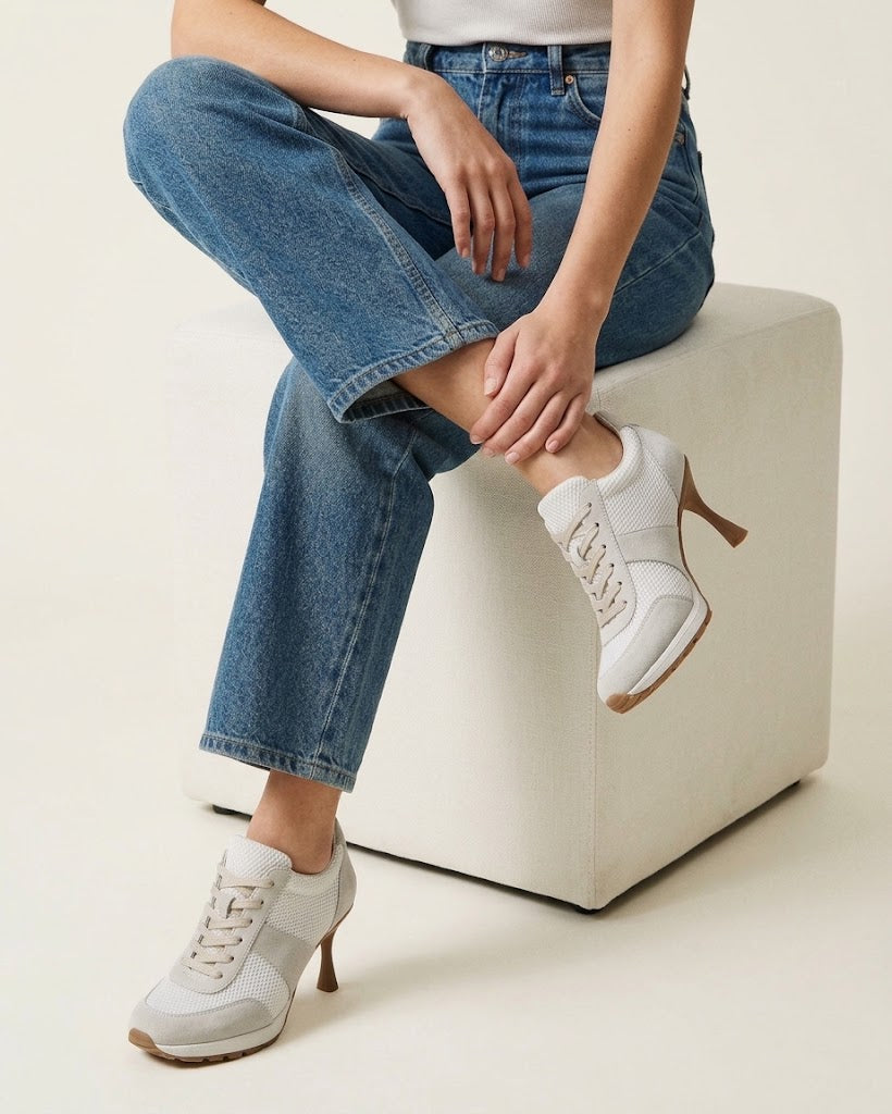 Suede and Mesh Lace-Up High-Heel Sneakers-Black