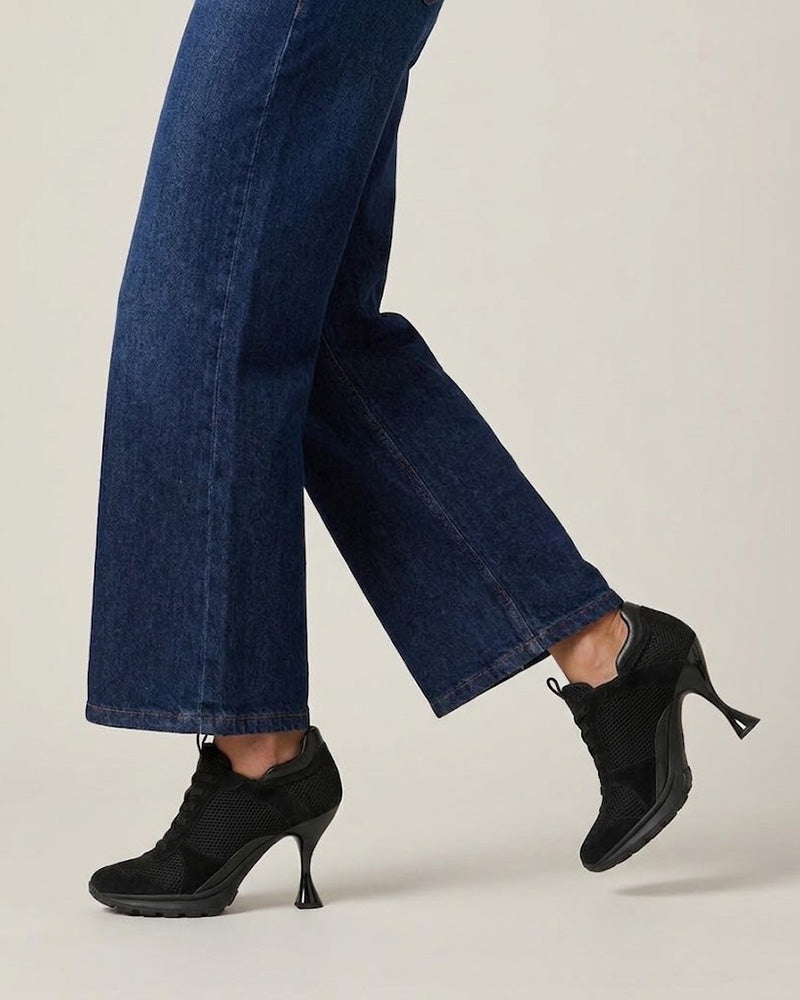 Suede Overlay Mesh Casual High-Heel Sneakers-Black