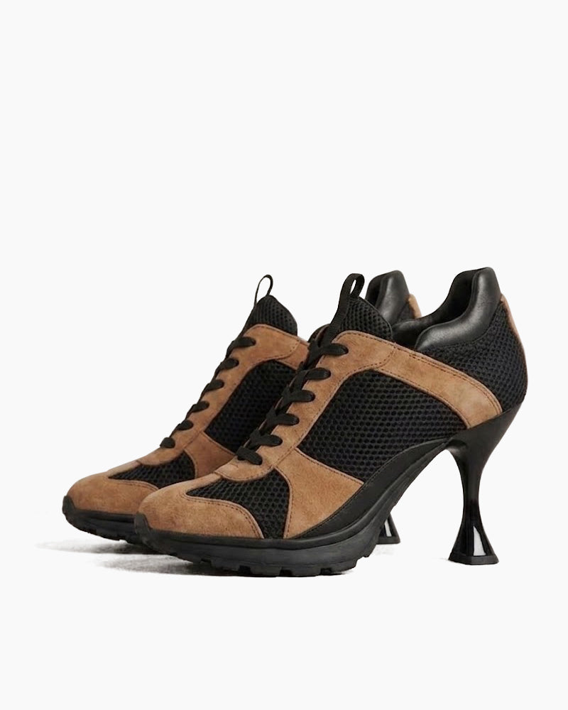 Suede Overlay Mesh Casual High-Heel Sneakers-Black