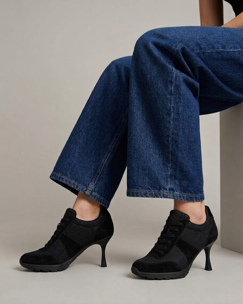 Suede and Mesh Lace-Up High-Heel Sneakers-Black