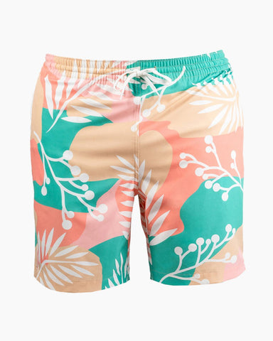 Men's Swim Beach Trunks - White Leaves