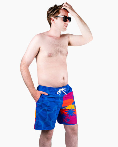 Men's Swim Beach Trunks - Blue&Coconut Tree