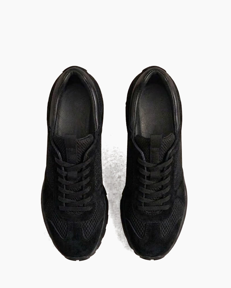 Suede Overlay Mesh Casual High-Heel Sneakers-Black