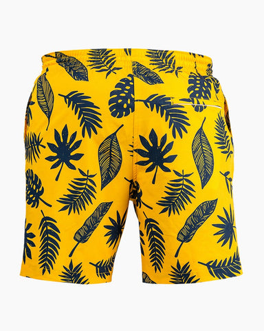 Men's Swim Beach Trunks - Yellow& Black Leaves