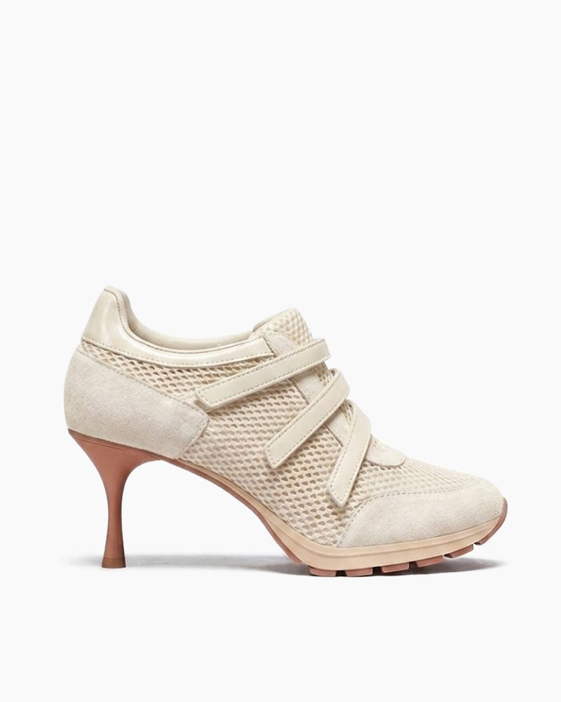 Triple-Strap Breathable Mesh High Heel Sneakers-Khaki