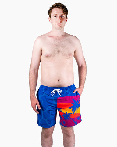 Men's Swim Beach Trunks - Blue&Coconut Tree