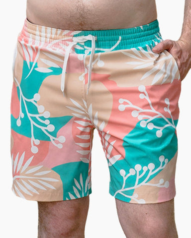 Men's Swim Beach Trunks - White Leaves