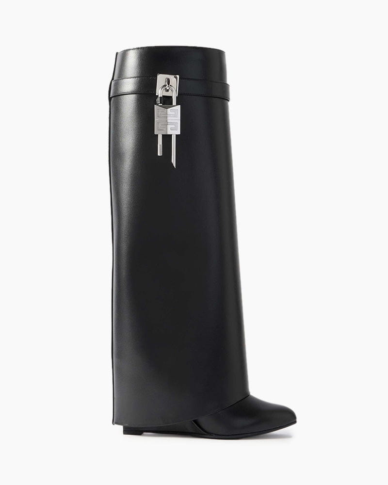 Shark Lock embellished glossed-leather knee boots Main image