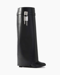 Shark Lock embellished glossed-leather knee boots