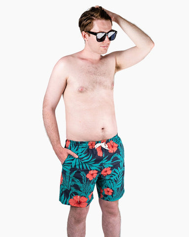 Men's Swim Beach Trunks - Green& Red Flower