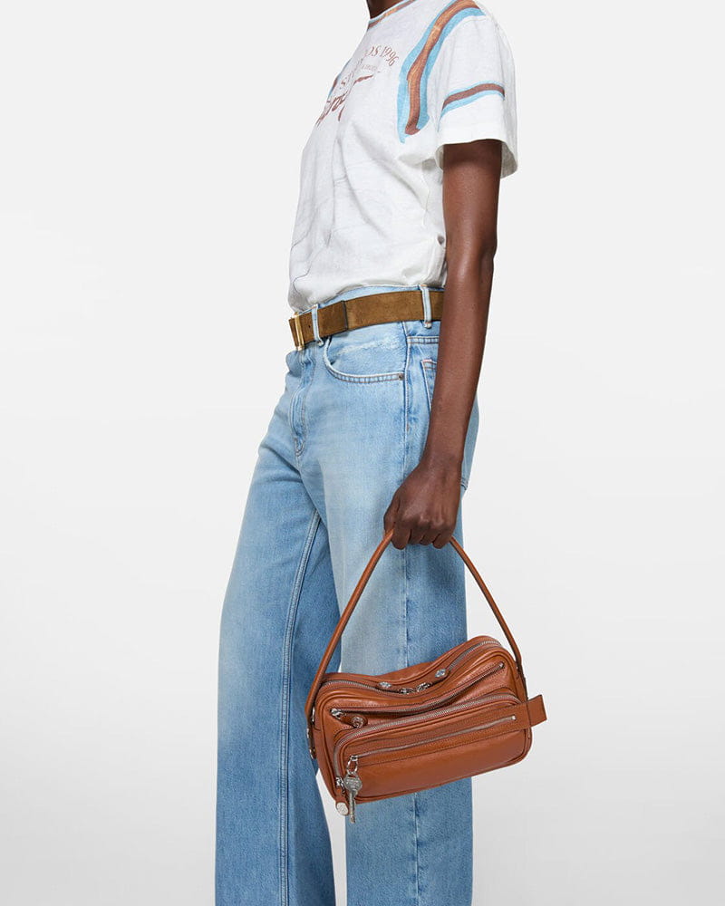 Multi Pocket Leather Shoulder Bag Zip Details