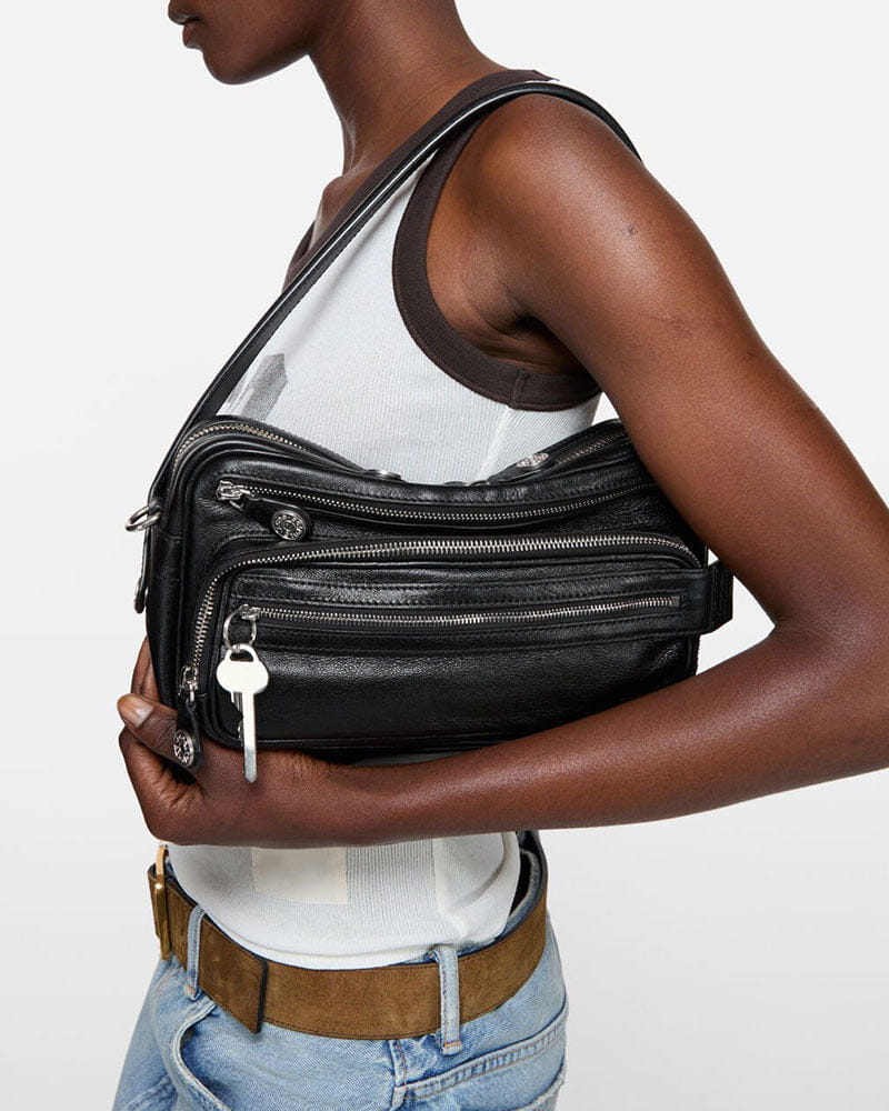 Multi Pocket Leather Shoulder Bag Zip Details