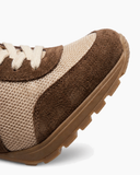 Suede and Mesh Lace-Up High-Heel Sneakers-Caramel