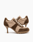 Suede and Mesh Lace-Up High-Heel Sneakers-Caramel