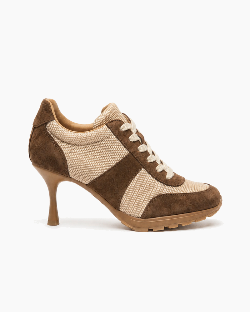 Suede and Mesh Lace-Up High-Heel Sneakers-Black