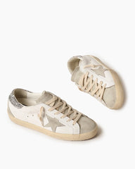 White Nappa Leather Sneakers with Gray Star and Silver Glitter Heel Tab