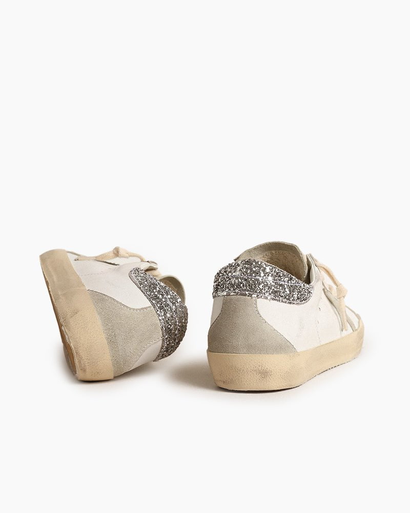 White Nappa Leather Sneakers with Gray Star and Silver Glitter Heel Tab