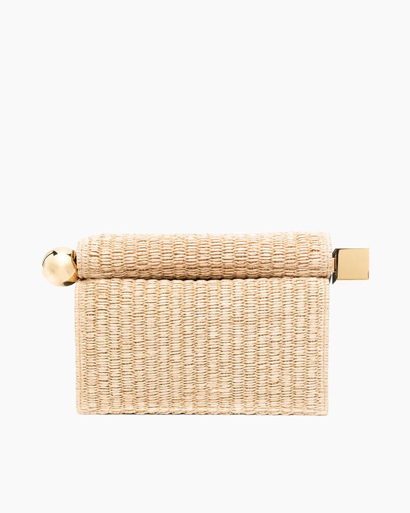 Beige Woven Straw Mini Bag - Roll Top Design