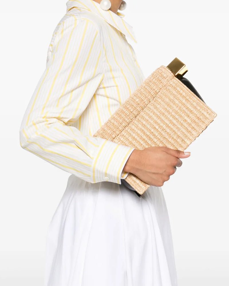 Beige Woven Straw Mini Bag - Roll Top Design