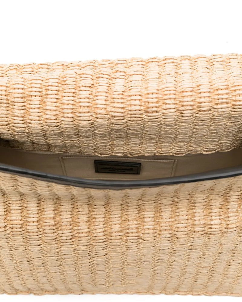 Beige Woven Straw Mini Bag - Roll Top Design