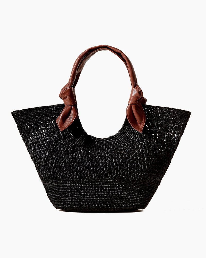 Knotted Leather Handles Woven Raffia Tote Bag