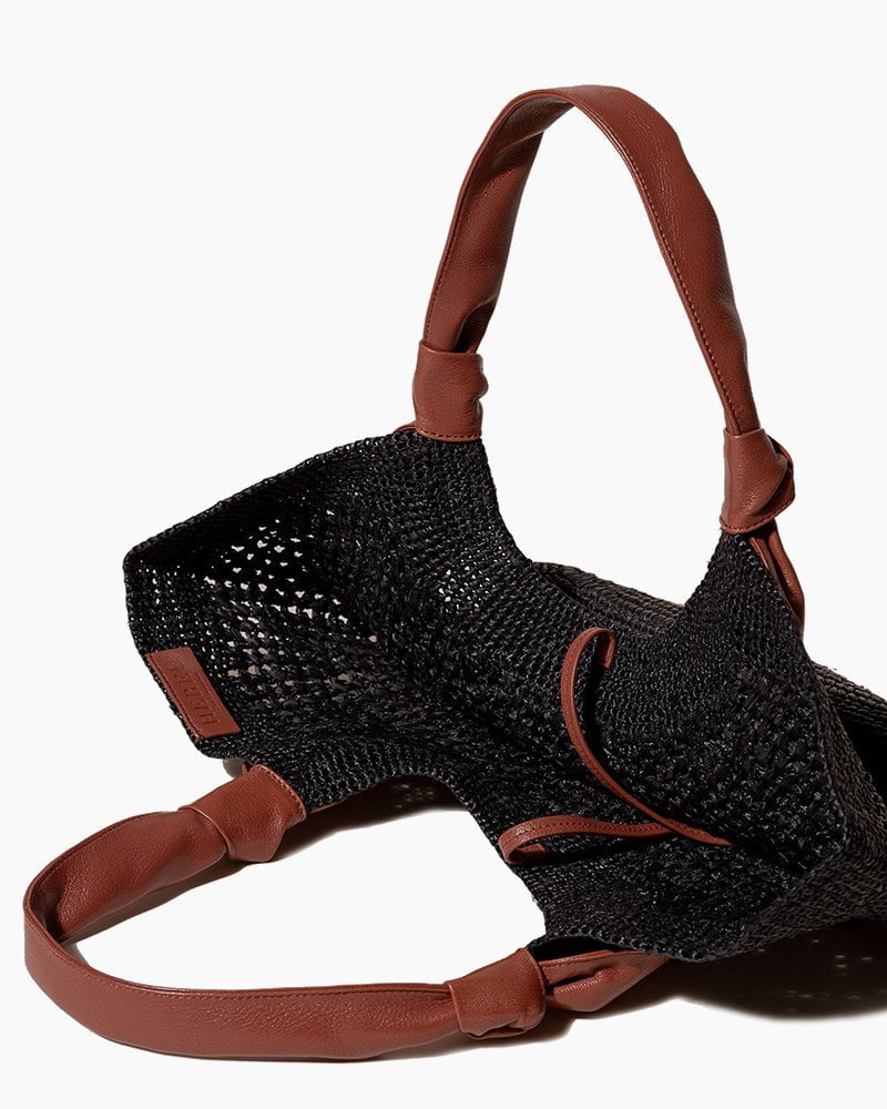 Knotted Leather Handles Woven Raffia Tote Bag