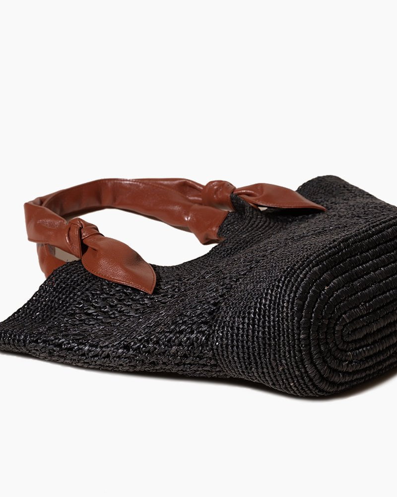 Knotted Leather Handles Woven Raffia Tote Bag