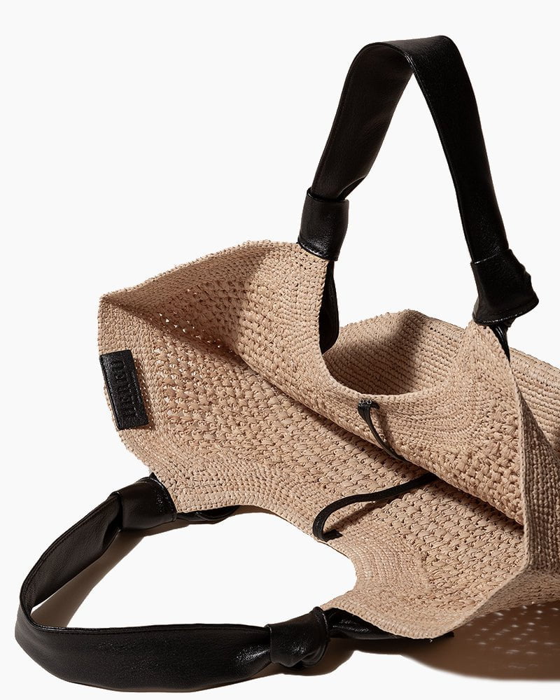 Knotted Leather Handles Woven Raffia Tote Bag