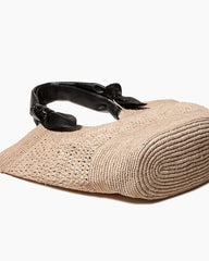 Knotted Leather Handles Woven Raffia Tote Bag