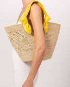 Knotted Leather Handles Woven Raffia Tote Bag