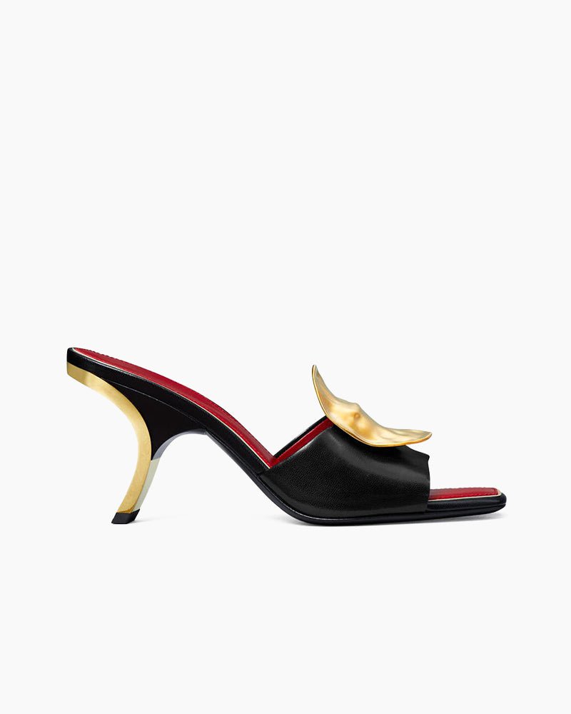 Gold Leaf Accent Sculpted Heel Leather Mules