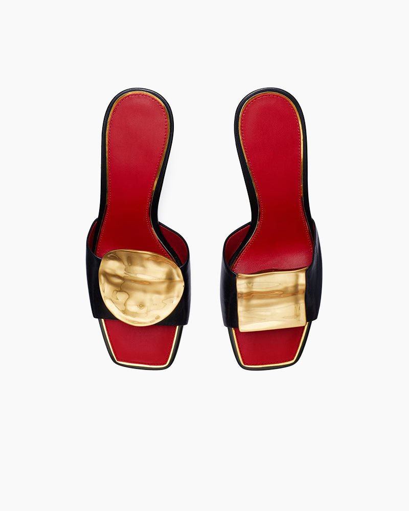 Gold Leaf Accent Sculpted Heel Leather Mules