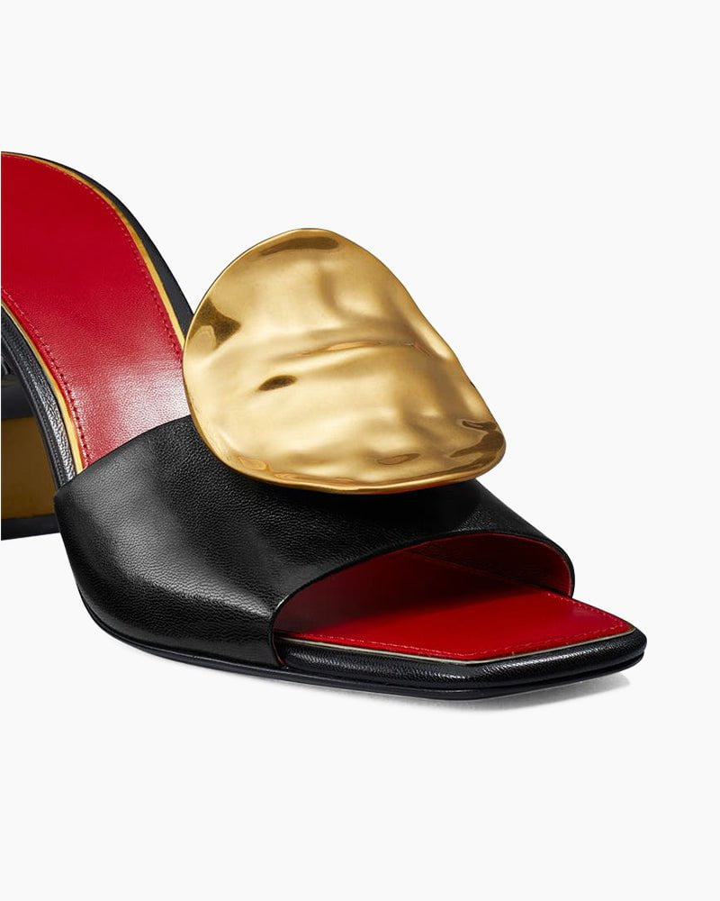 Gold Leaf Accent Sculpted Heel Leather Mules