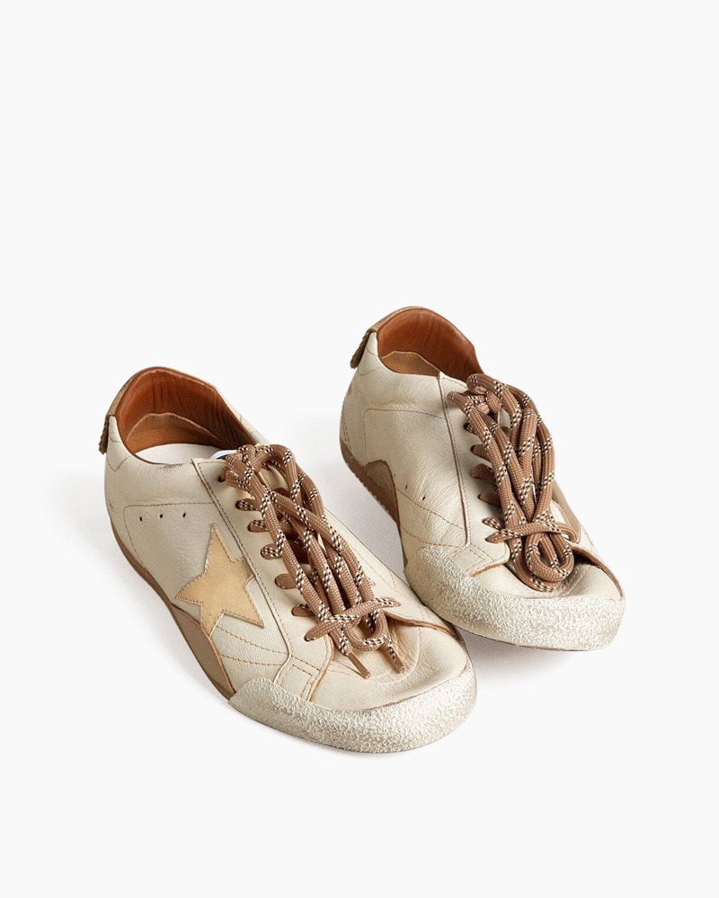 White Nappa Leather Sneakers with Gold Star and Beige Heel Tab