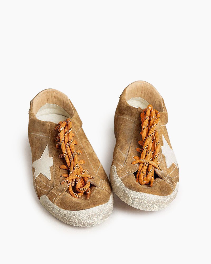 Tobacco Colored Suede Nappa Leather Sneakers with White Star and Gold Heel Tab