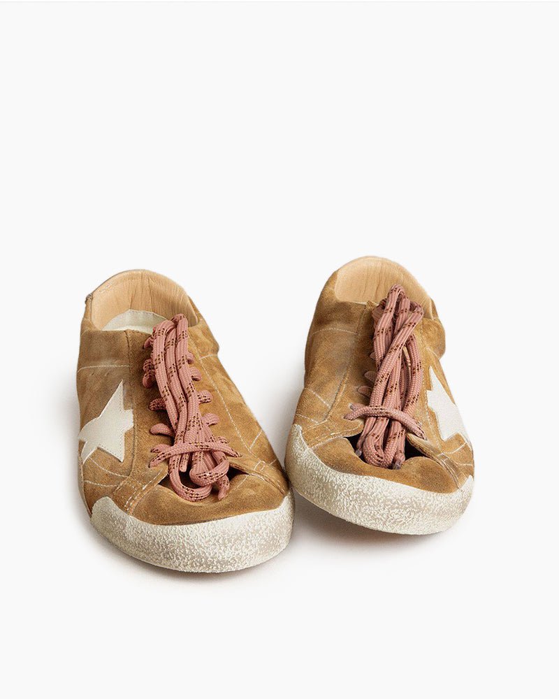 Tobacco Colored Suede Nappa Leather Sneakers with White Star and Gold Heel Tab