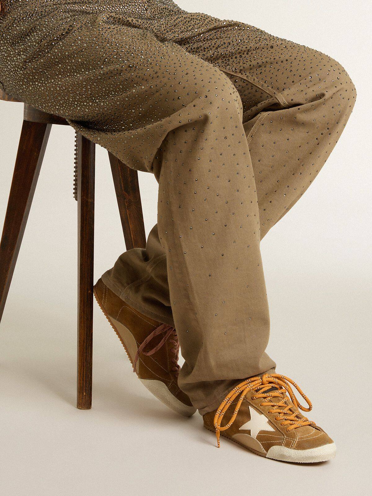 Tobacco Colored Suede Nappa Leather Sneakers with White Star and Gold Heel Tab