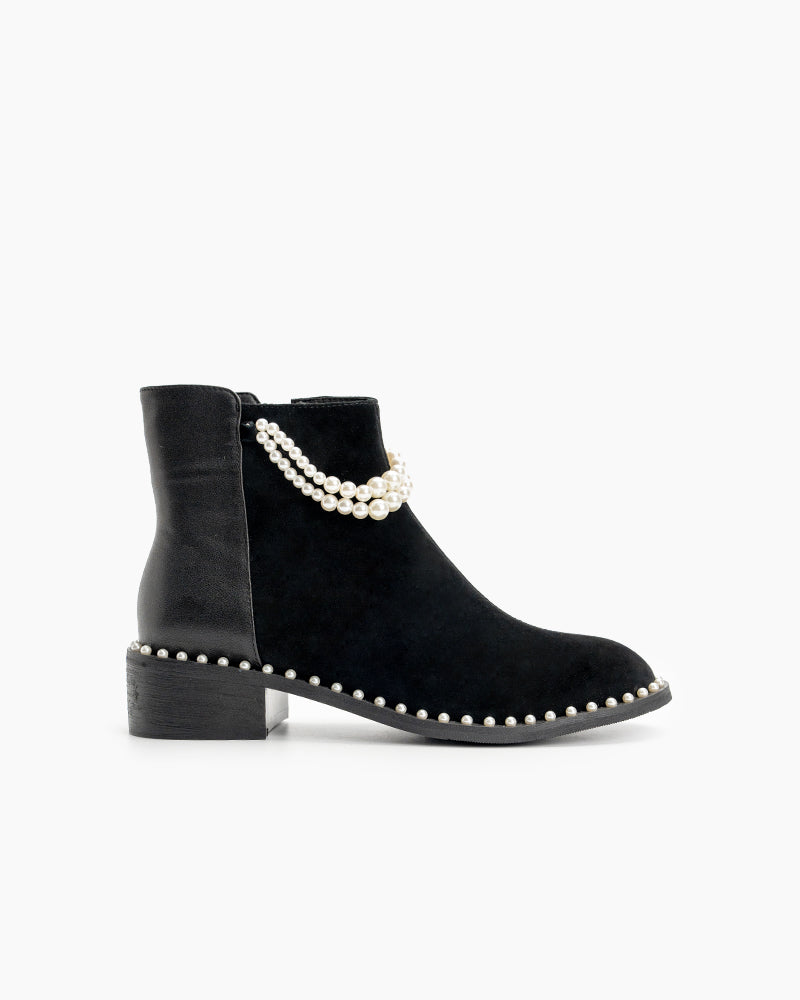 Pearls Chain Round Toe Chunky Heel Ankle Boots Main image