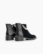 Pearls Chain Round Toe Chunky Heel Ankle Boots