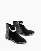 Pearls Chain Round Toe Chunky Heel Ankle Boots