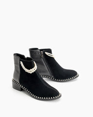 Pearls Chain Round Toe Chunky Heel Ankle Boots