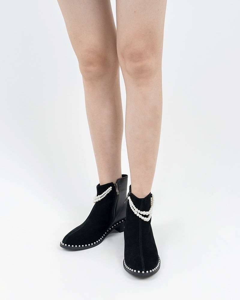 Pearls Chain Round Toe Chunky Heel Ankle Boots