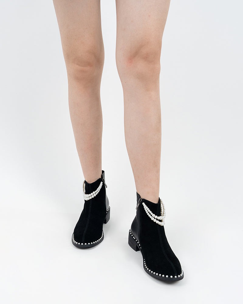 Pearls Chain Round Toe Chunky Heel Ankle Boots
